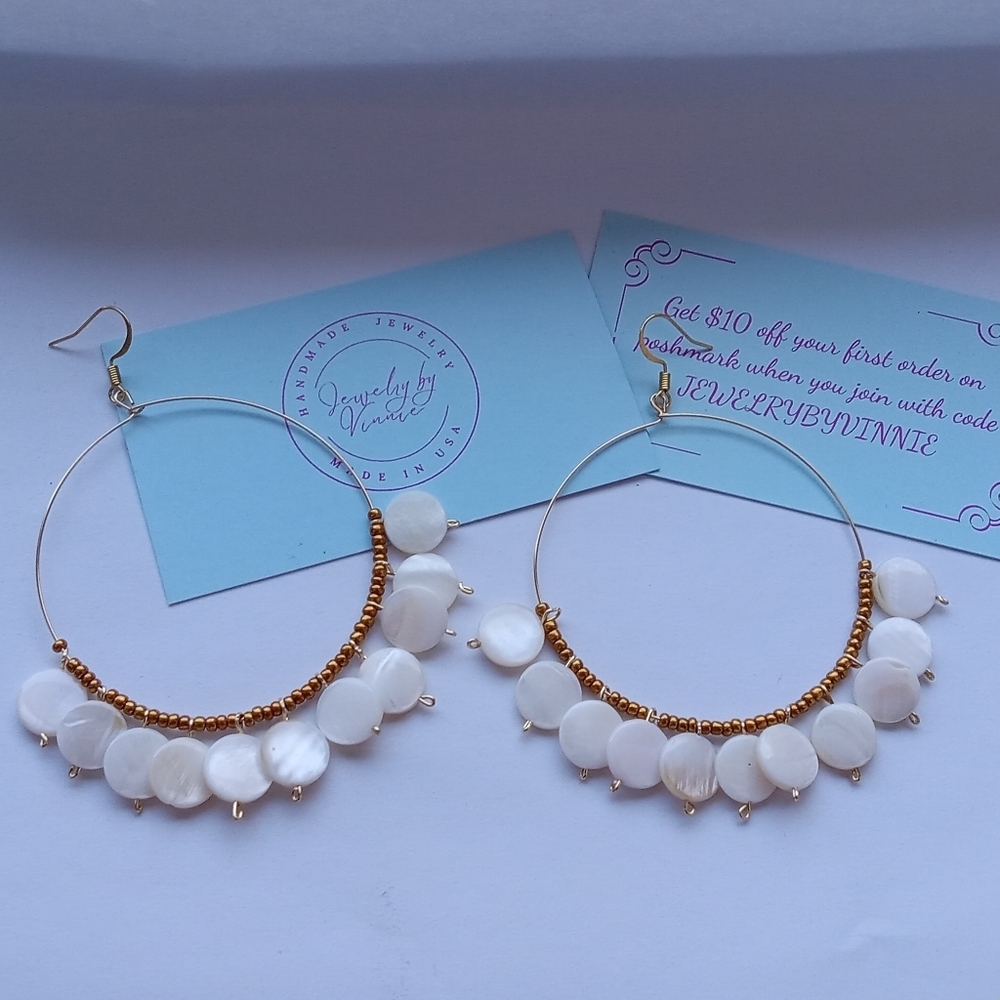 Hand Crafted White and Gold Hoop Earrings